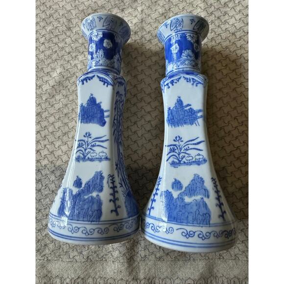 2 China Chinese Blue & White Porcelain Candlesticks Bamboo Prunus & Fungi pair - Picture 8 of 16